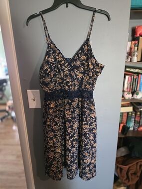 SHEIN Navy Spaghetti-Strap Floral Mini Dress with Lace Waist